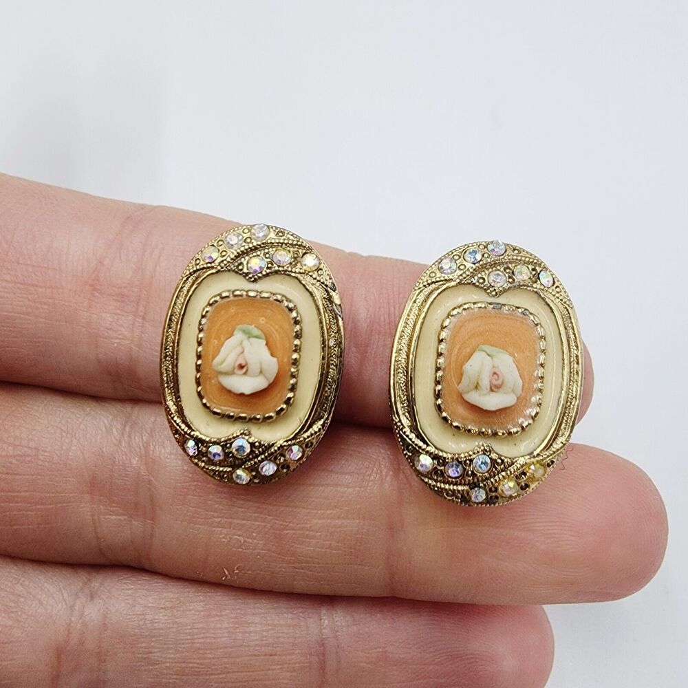 Vintage 928 Brand Porcelain Rose Clip On Earrings Pink Rhinestone Romantic